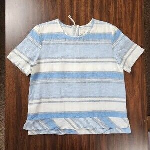 Lou & Grey Linen Cotton Top Blouse Blue White Grey Stripe Zip Back Size M